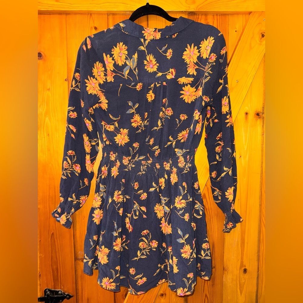 Boho Free People Navy and Orange Floral Long Sleeve Dress - Picture 2 of 3